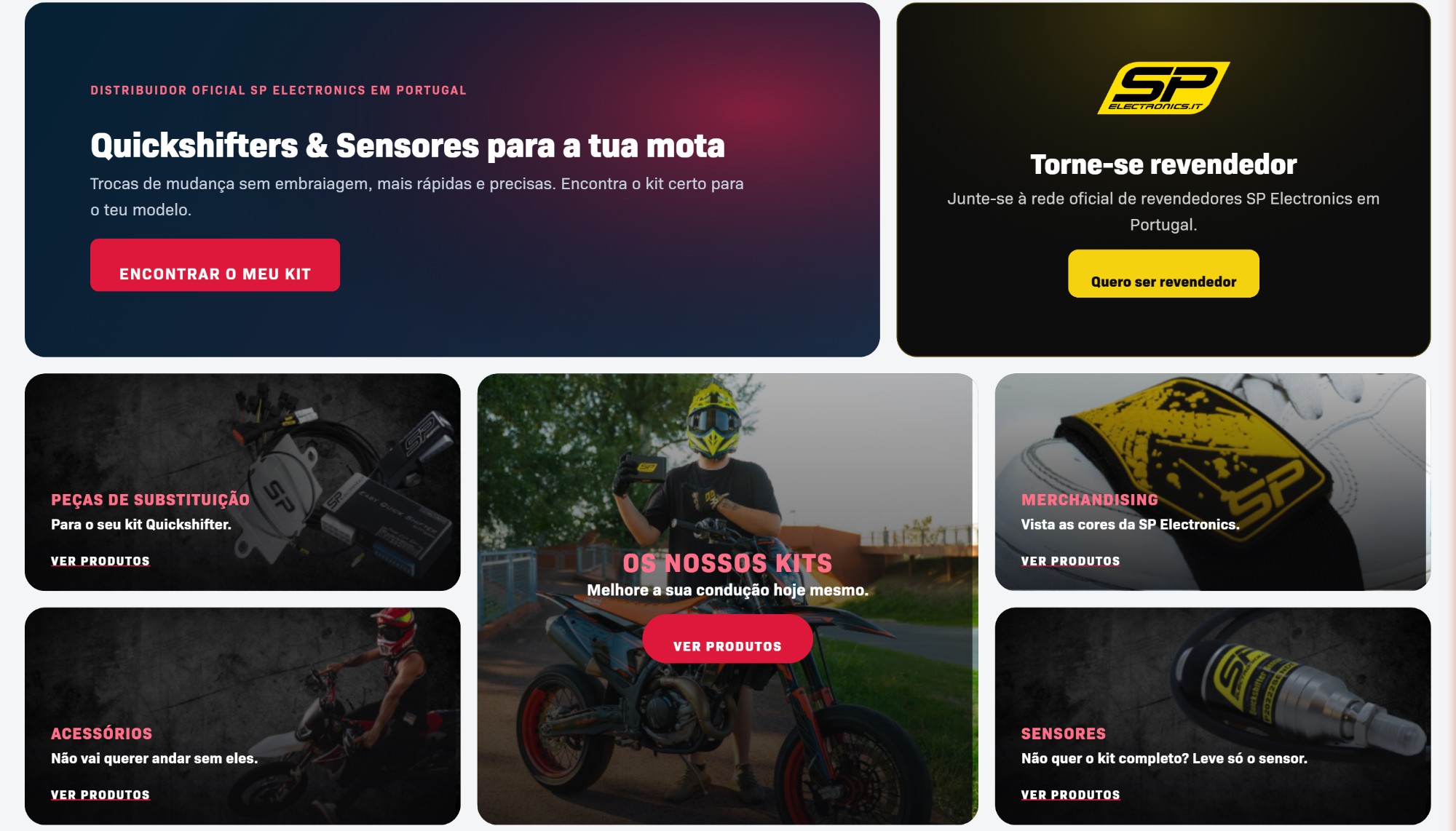 A loja online da Kilonova Performance, com os quickshifters e sensores SP Electronics e as categorias de produto